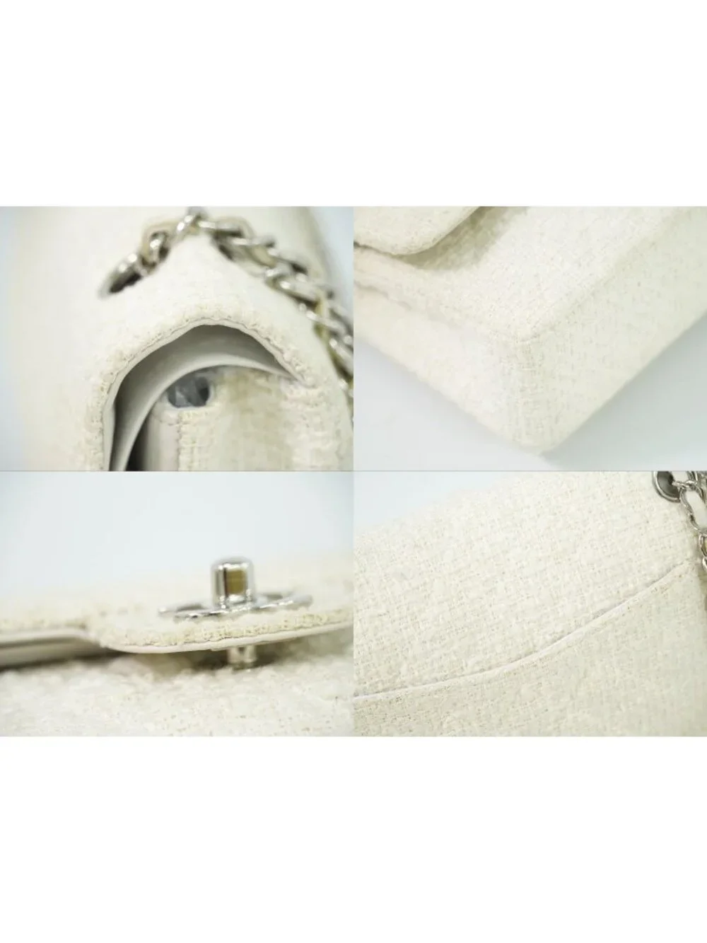 Chanel CC Logo Quilted 25 Double Flap Chain Shoulder Bag Tweed White